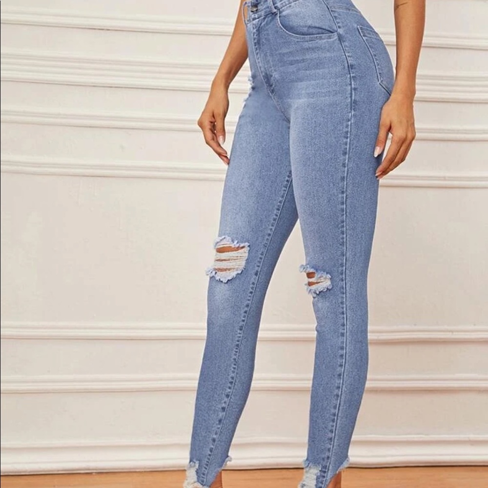 SHEIN high waist stretch raw hem skinny jeans